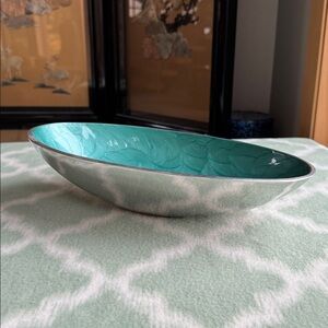 Modern aluminum Teal enamel asymmetrical Oval boat shaped Decorative Bowl